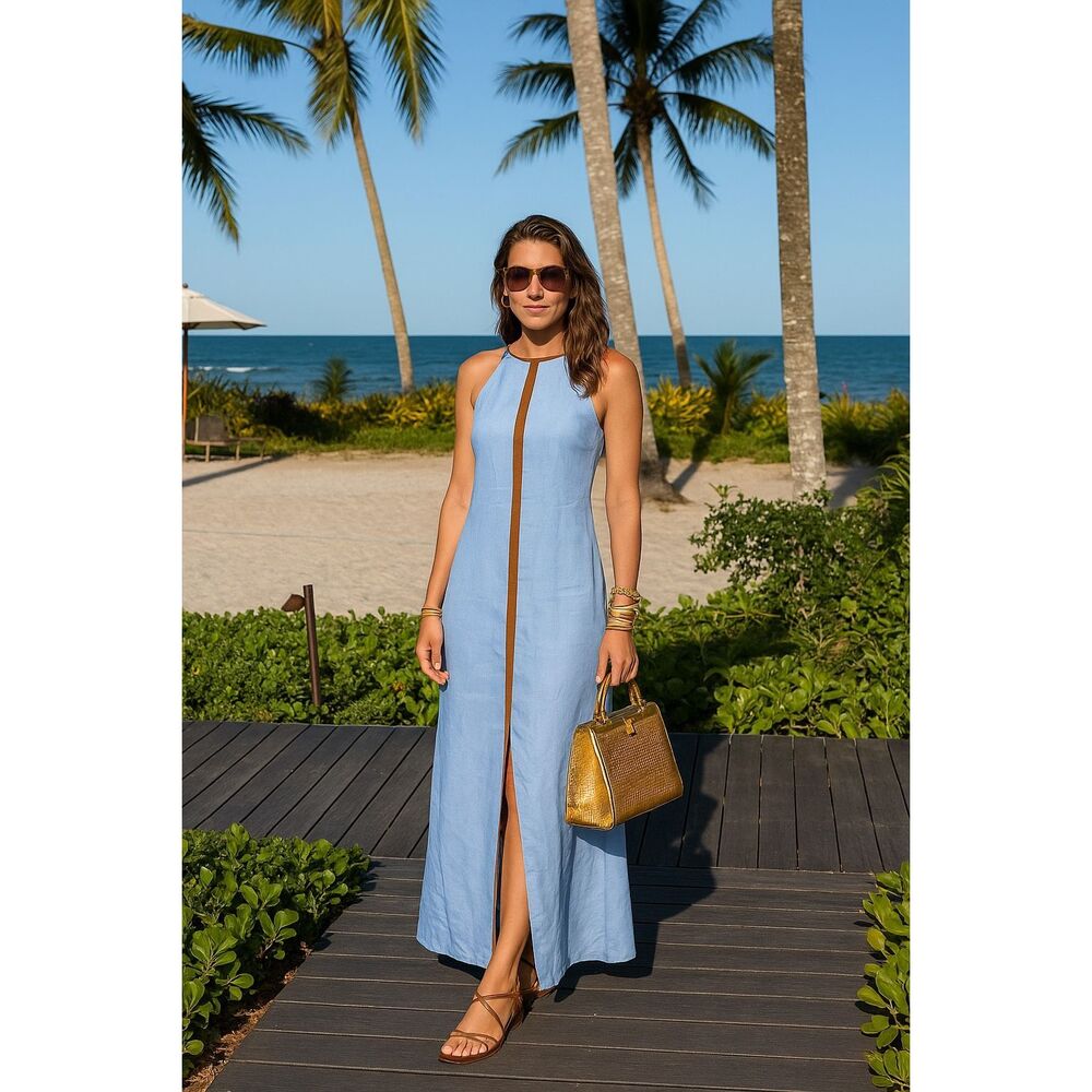 SOVERE Refine MIDI Dress Color:Blue & Brown size S Beach Dress NWT218